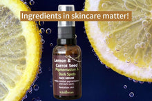 Load image into Gallery viewer, Lemon and carrot seed face serum for pigmentation dark spots treatment and skin revitalization with natural ingredients
