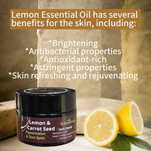 Load image into Gallery viewer, Pigmentation and dark spots face cream with lemon and carrot seed oils for skin brightening and revitalizing.