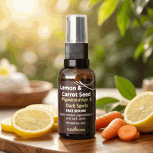 Load image into Gallery viewer, VLEssentials Lemon and Carrot Seed face serum for pigmentation and dark spots with lemon, carrot seed oils, revitalizing skin on wooden surface with lemon slices and carrots