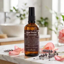 Load image into Gallery viewer, VLEssentials rose water and lavender face toner 100ml bottle with natural ingredients for pore tightening and skin balancing