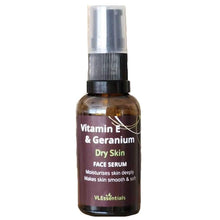 Load image into Gallery viewer, VLEssentials Vitamin E and Geranium dry skin face serum 30ml bottle moisturizing and smoothing face serum