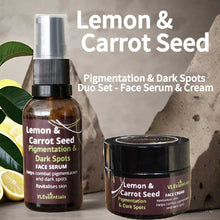 Load image into Gallery viewer, Pigmentation and Dark Spots Duo Set with Lemon & Carrot Seed Face Serum and Cream.
