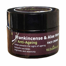 Load image into Gallery viewer, VLEssentials Frankincense and Aloe Vera Anti-Ageing Face Cream 50g jar with natural ingredients for reducing wrinkles and improving skin elasticity