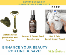 Load image into Gallery viewer, Pigmentation and dark spots beauty bundle with facial jade roller, lemon carrot serum, and compress face towel