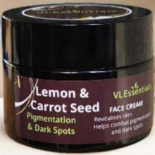 Load image into Gallery viewer, dark spots on face. Pigmentation &amp; Dark Spots | Lemon &amp; Carrot Seed Face Cream 50gEssential oils are great way to improve the vitality and appearance of the skin. They have brightening and glowing properties that helps lighten pigmentation and darFace CreamVLEssentials.BeautyLemon &amp; Carrot Seed Face Cream 50gVL Essentials Skincare
