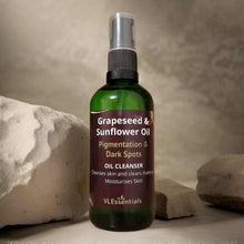 Load image into Gallery viewer, bottle of Grapeseed &amp; Sunflower Oil Pigmentation and Dark Spots Cleansing Oil by VLEssentials on neutral background
