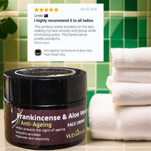 Load image into Gallery viewer, Anti-Ageing Frankincense and Aloe Vera Face Cream jar with towels and positive customer review
