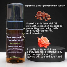 Load image into Gallery viewer, Anti-ageing foaming face wash with rose water and frankincense essential oil for collagen stimulation and pore tightening, 100ml bottle
