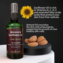 Load image into Gallery viewer, Anti-Ageing Almonds and Sunflower Oil Cleanser bottle with almonds and sunflower, highlighting skin nourishing and antioxidant benefits
