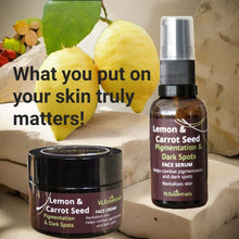 Load image into Gallery viewer, Lemon and carrot seed pigmentation and dark spots face cream and serum with natural essential oils for skin revitalization

