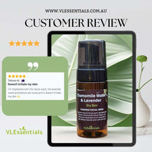 Load image into Gallery viewer, Foaming facial wash for dry skin with chamomile and lavender essential oils in a 100ml bottle

