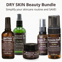 Load image into Gallery viewer, VLEssentials Dry Skin Beauty Bundle skincare set with oil cleanser, facial wash, toner, serum, and face cream for dry skin restoration and rejuvenation
