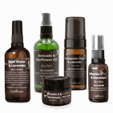 Load image into Gallery viewer, VLEssentials Dry Skin Beauty Bundle skincare set with oil cleanser, foaming facial wash, face toner, serum, and face cream for dry skin restoration and rejuvenation
