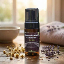 Load image into Gallery viewer, VLEssentials foaming facial wash with chamomile and lavender for dry skin in 100ml bottle
