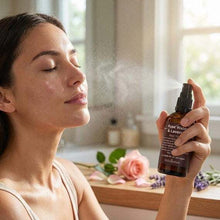 Load image into Gallery viewer, Woman spraying VLEssentials Rose Water &amp; Lavender face toner for skincare routine
