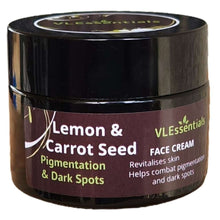 Load image into Gallery viewer, dark spots on face. Pigmentation &amp; Dark Spots | Lemon &amp; Carrot Seed Face Cream 50gEssential oils are great way to improve the vitality and appearance of the skin. They have brightening and glowing properties that helps lighten pigmentation and darFace CreamVLEssentials.BeautyLemon &amp; Carrot Seed Face Cream 50gVL Essentials Skincare
