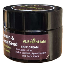 Load image into Gallery viewer, dark spots on face. Pigmentation &amp; Dark Spots | Lemon &amp; Carrot Seed Face Cream 50gEssential oils are great way to improve the vitality and appearance of the skin. They have brightening and glowing properties that helps lighten pigmentation and darFace CreamVLEssentials.BeautyLemon &amp; Carrot Seed Face Cream 50gVL Essentials Skincare
