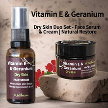 Load image into Gallery viewer, Dry Skin Duo Set with Face Serum and Cream for Natural Restore, featuring Vitamin E &amp; Geranium.
