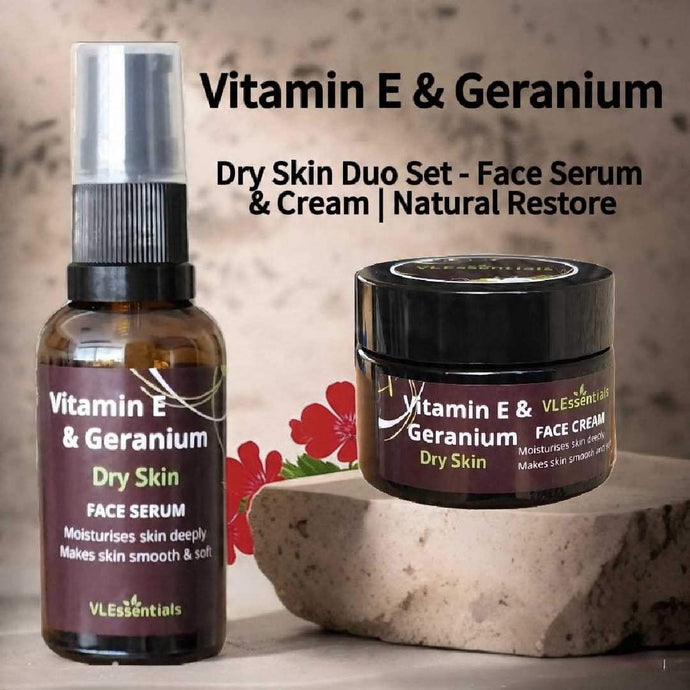 Dry Skin Duo Set with Face Serum and Cream for Natural Restore, featuring Vitamin E & Geranium.