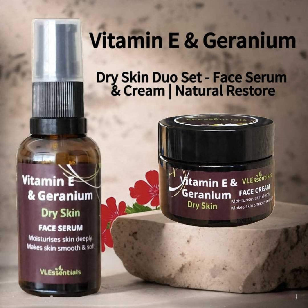 Dry Skin Duo Set with Face Serum and Cream for Natural Restore, featuring Vitamin E & Geranium.