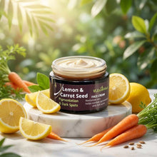Load image into Gallery viewer, VLEssentials Lemon &amp; Carrot Seed Face Cream jar with lemon slices and carrots for pigmentation and dark spots treatment
