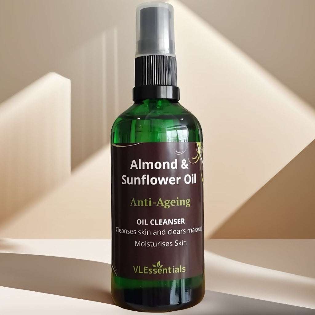Anti-ageing almond and sunflower oil cleanser in green spray bottle for moisturizing and makeup removal