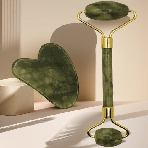 Vibrant Facial Jade Roller and Gua Sha Duo Kit with elegant jade design for skin rejuvenation.