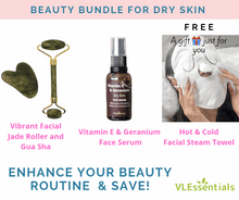 Load image into Gallery viewer, Dry Skin Beauty Bundle with facial jade roller, vitamin E face serum, and reusable hot and cold compress face towel
