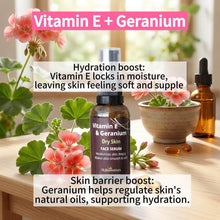 Load image into Gallery viewer, VLEssentials Vitamin E &amp; Geranium Dry Skin Face Serum 30ml with hydrating and skin barrier boosting properties for smooth and soft skin
