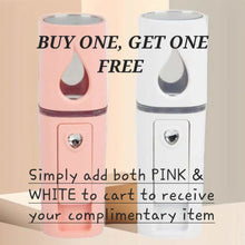 Load image into Gallery viewer, Portable nano mist sprayers in pink and white for skin hydration and refreshing on the go.
