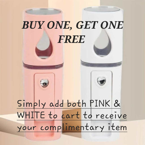 Portable nano mist sprayers in pink and white for skin hydration and refreshing on the go.