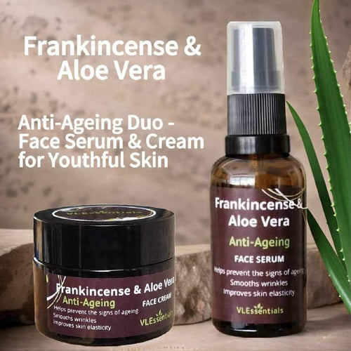 Anti-ageing duo set with Frankincense & Aloe Vera face serum and cream for youthful skin.