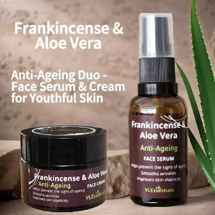 Anti-ageing duo set with Frankincense & Aloe Vera face serum and cream for youthful skin.